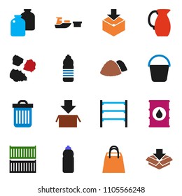 solid vector ixon set - bucket vector, trash bin, garbage pile, jug, jar, water bottle, sea container, port, package, oil barrel, shelving, shopping bag