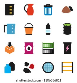 solid vector ixon set - bucket vector, trash bin, garbage pile, measuring cup, jug, sieve, jar, enegry drink, water bottle, sea container, package, oil barrel, shelving