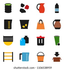 solid vector ixon set - bucket vector, trash bin, garbage pile, measuring cup, jug, jar, water bottle, sea container, oil barrel, shelving, shopping bag, package