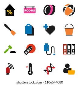 solid vector ixon set - bucket vector, spatula, thermometer, plates, percent growth, auction, binder, heart cross, barcode, dna, drop counter, connection, usb modem, rooms signboard, shopping bag