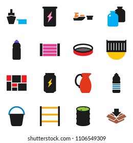 solid vector ixon set - bucket vector, jug, sieve, jar, enegry drink, water bottle, sea container, port, wood box, consolidated cargo, oil barrel, shelving, package