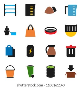 solid vector ixon set - bucket vector, trash bin, garbage pile, measuring cup, jug, sieve, enegry drink, sea container, port, oil barrel, shelving, shopping bag, package