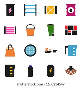 solid vector ixon set - bucket vector, trash bin, measuring cup, sieve, enegry drink, water bottle, port, wood box, consolidated cargo, oil barrel, shelving, shopping bag, package