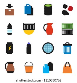solid vector ixon set - bucket vector, trash bin, garbage pile, jug, sieve, jar, enegry drink, water bottle, sea container, package, oil barrel, shopping bag