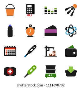 solid vector ixon set - bucket vector, double boiler, cake, atom, alarm clock, water bottle, calendar, shuttlecock, first aid kit, equalizer, thermometer, construction crane, wallet, card reader