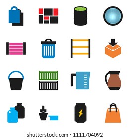solid vector ixon set - bucket vector, trash bin, measuring cup, jug, sieve, jar, enegry drink, sea container, port, wood box, consolidated cargo, package, oil barrel, shelving, shopping bag
