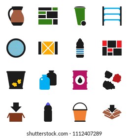solid vector ixon set - bucket vector, trash bin, garbage pile, jug, sieve, jar, water bottle, wood box, consolidated cargo, oil barrel, shelving, package