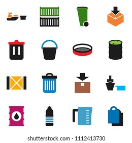 solid vector ixon set - bucket vector, trash bin, measuring cup, sieve, water bottle, sea container, port, wood box, package, oil barrel, shopping bag