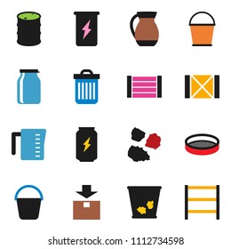 solid vector ixon set - bucket vector, trash bin, garbage pile, measuring cup, jug, sieve, jar, enegry drink, wood box, package, oil barrel, shelving
