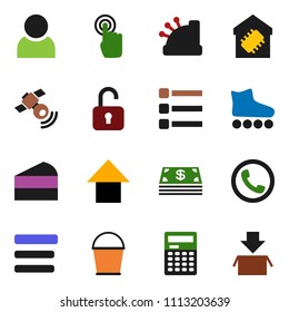 solid vector ixon set - bucket vector, cake, calculator, arrow up, roller Skates, satellitie, touchscreen, menu, user, smart home, phone, cash, cashbox, unlock, package