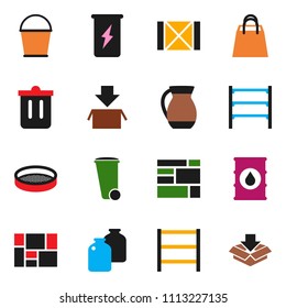 solid vector ixon set - bucket vector, trash bin, jug, sieve, jar, enegry drink, wood box, consolidated cargo, oil barrel, shelving, shopping bag, package