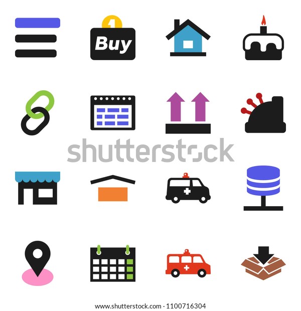 solid vector ixon set - cake\
vector, schedule, calendar, map pin, dry cargo, top sign, link,\
amkbulance car, network server, menu, house, store, buy, cashbox,\
package