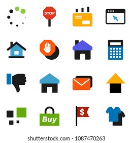 solid vector ixon set - calculator vector, arrow up, dollar flag, finger down, browser, home, loading, stop, house, buy, mail, clothes
