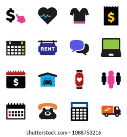 solid vector ixon set - calculator vector, receipt, man, dollar calendar, cursor, heart pulse, t shirt, monitor, phone, dialog, notebook pc, garage, rent signboard, relocation truck