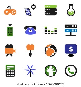 solid vector ixon set - calculator vector, world, flask, monitor dollar, gamepad, equalizer, video camera, remote control, classic phone, tooth implant, connection, network server, big data