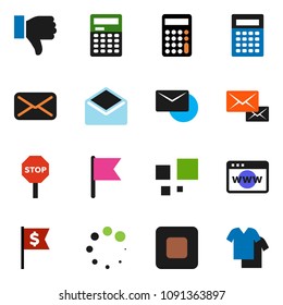 solid vector ixon set - calculator vector, flag, dollar, finger down, mail, stop button, browser, loading, clothes