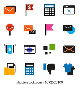 solid vector ixon set - calculator vector, flag, dollar, document, finger down, mail, browser, loading, stop, clothes