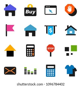 solid vector ixon set - calculator vector, flag, arrow up, dollar, equalizer, mail, browser, home, loading, stop, house, buy, clothes