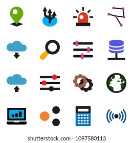solid vector ixon set - calculator vector, laptop graph, earth, network, server, gear, equalizer, share, cloud upload, download, route arrow, pin, magnifier, siren, wireless