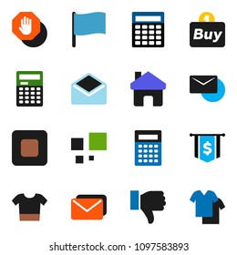 solid vector ixon set - calculator vector, flag, dollar, finger down, mail, stop button, home, loading, buy, clothes