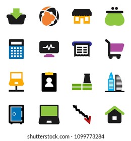 solid vector ixon set - calculator vector, crisis, personal information, safe, notebook pc, diagnostic monitor, connection, network, office building, factory, wallet, store, receipt, basket, cart
