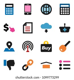solid vector ixon set - calculator vector, document, dollar cursor, map pin, dry cargo, antenna, mobile phone, link, finger down, cloud download, globe, key, buy, basket, menu
