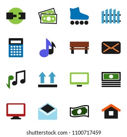 solid vector ixon set - calculator vector, music, cash, roller Skates, money, top sign, monitor, mail, bench, connection, fence, home