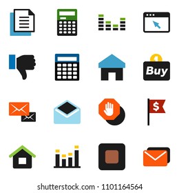 solid vector ixon set - calculator vector, dollar flag, document, equalizer, finger down, mail, stop button, browser, home, house, buy