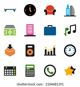 solid vector ixon set - calculator vector, music, case, clock, stadium, skateboard, calendar, package, equalizer, speaker, office building, cushioned furniture, phone, star
