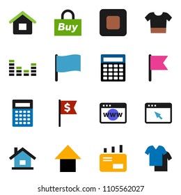 solid vector ixon set - calculator vector, flag, arrow up, dollar, equalizer, stop button, browser, house, buy, mail, clothes