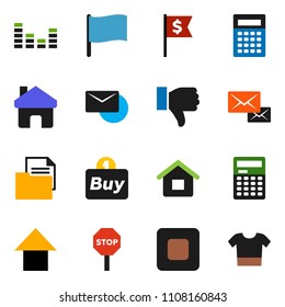 solid vector ixon set - calculator vector, flag, arrow up, dollar, document, equalizer, finger down, stop button, home, mail, house, buy, clothes