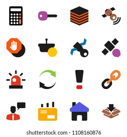 solid vector ixon set - calculator vector, satellite, satellitie, speaking man, link, big data, home, refresh, key, attention sign, stop, siren, basket, mail, package