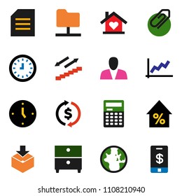 solid vector ixon set - calculator vector, world, document, archive, exchange, graph, percent growth, clock, stairways run, package, network folder, attachment, consumer, love home, tap pay