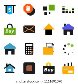 solid vector ixon set - calculator vector, arrow up, dollar flag, document, equalizer, mail, stop button, home, loading, house, buy