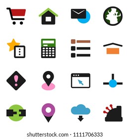 solid vector ixon set - calculator vector, cart, earth, map pin, dry cargo, connect, browser, menu, favorites, cloud download, mail, connection, attention sign, house, cashbox