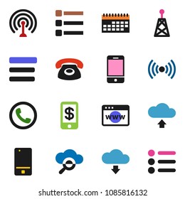 solid vector ixon set - calendar vector, antenna, mobile phone, cloud glass, browser, menu, upload, download, wireless, tap pay