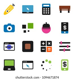 solid vector ixon set - camera vector, remote control, notebook pc, stop button, browser, equalizer, lan connector, bench, loading, calculator, tap pay