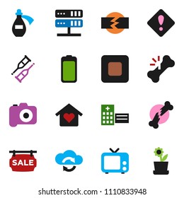 solid vector ixon set - camera vector, tv, battery, stop button, crutches, broken bone, hospital building, potion, network server, cloud exchange, attention sign, disconnection, sale signboard