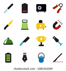 solid vector ixon set - camping cauldron vector, knife, grater, toaster, blender, dish, pen, award cup, magnet, safe, hand trainer, battery, scalpel