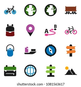 solid vector ixon set - camping cauldron vector, backpack, compass, world, bike, signpost, earth, Railway carriage, ship, route, pin, mountain