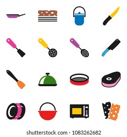 solid vector ixon set - camping cauldron vector, pan, skimmer, spatula, knife, microwave oven, plates, sieve, dish, steak, breads