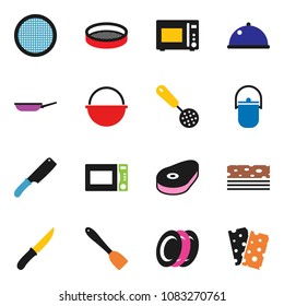 solid vector ixon set - camping cauldron vector, pan, skimmer, spatula, knife, microwave oven, plates, sieve, dish, steak, breads