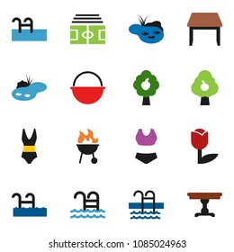 solid vector ixon set - camping cauldron vector, bbq, stadium, swimsuite, pool, tulip, pond, fruit tree, table