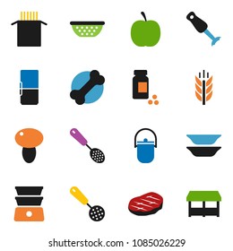 solid vector ixon set - camping cauldron vector, colander, skimmer, double boiler, blender, plates, pasta, mushroom, steak, diet, pills vial, cereals, bone, fridge, market