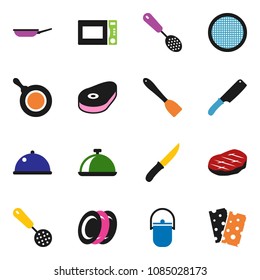solid vector ixon set - camping cauldron vector, pan, skimmer, spatula, knife, microwave oven, plates, sieve, dish, steak, breads