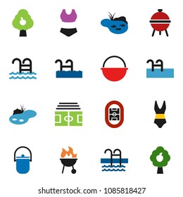 solid vector ixon set - camping cauldron vector, bbq, stadium, swimsuite, pool, pond, fruit tree