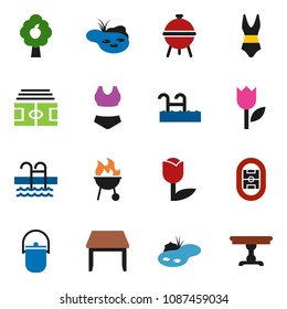 solid vector ixon set - camping cauldron vector, bbq, stadium, swimsuite, pool, tulip, pond, fruit tree, table