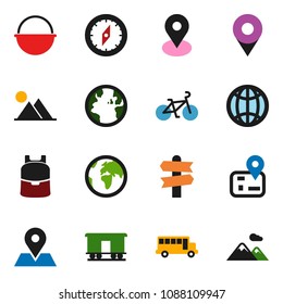 solid vector ixon set - camping cauldron vector, backpack, compass, school bus, bike, signpost, navigator, earth, map pin, Railway carriage, globe, mountain