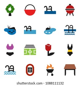 solid vector ixon set - camping cauldron vector, bbq, stadium, swimsuite, pool, tulip, pond, fruit tree, table