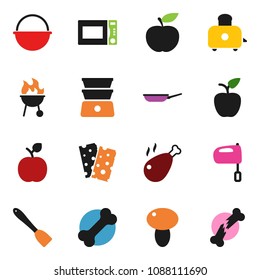 solid vector ixon set - camping cauldron vector, pan, spatula, mixer, toaster, microwave oven, double boiler, bbq, mushroom, chicken leg, apple fruit, diet, breads, bone, broken